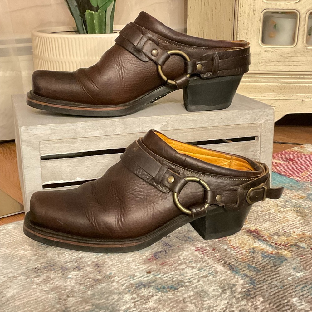 Frye Brown Leather Mules with Buckle Detail - Picture 2 of 16
